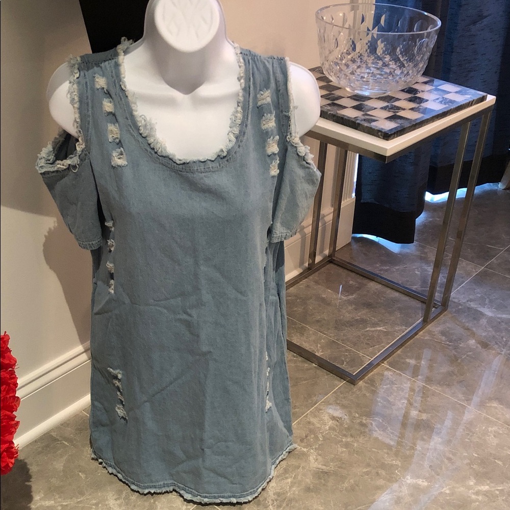 French Kiss Light Blue Denim Cold Shoulder Midi Dress S/M